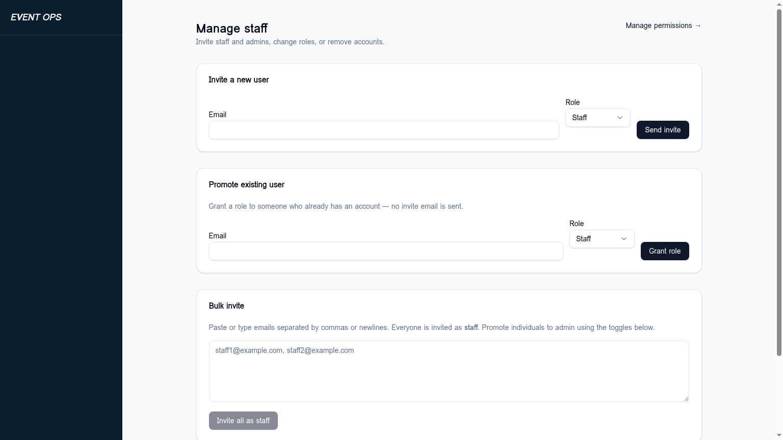 Admin > Manage staff: invite, promote, or bulk-invite