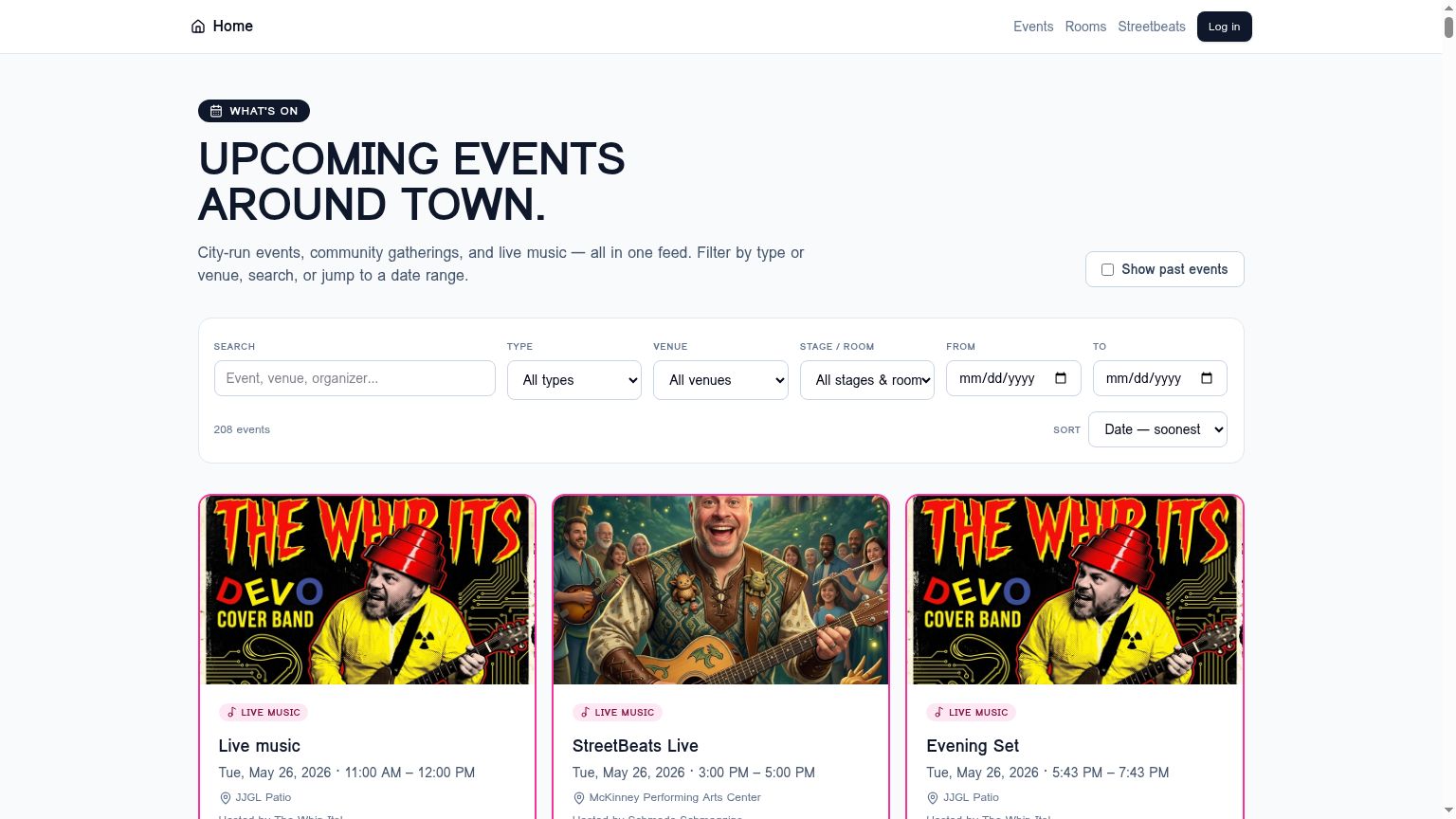 Events feed with filters and sort options