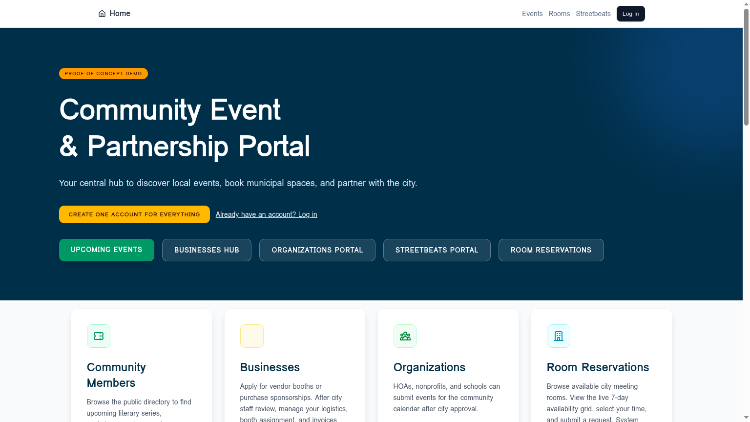 Public home page with the four community portals