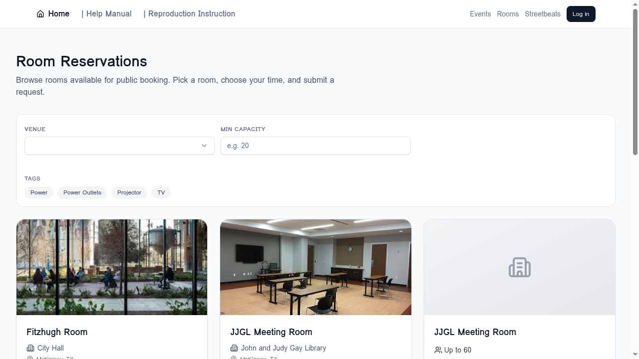 Rooms page with venue, capacity, and tag filters at the top