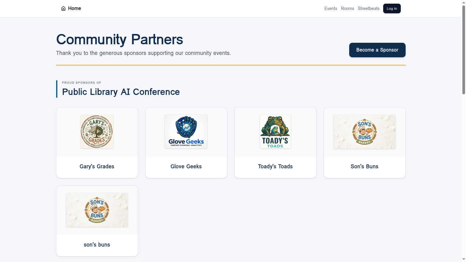 Sponsor logos appear on event pages and flyers