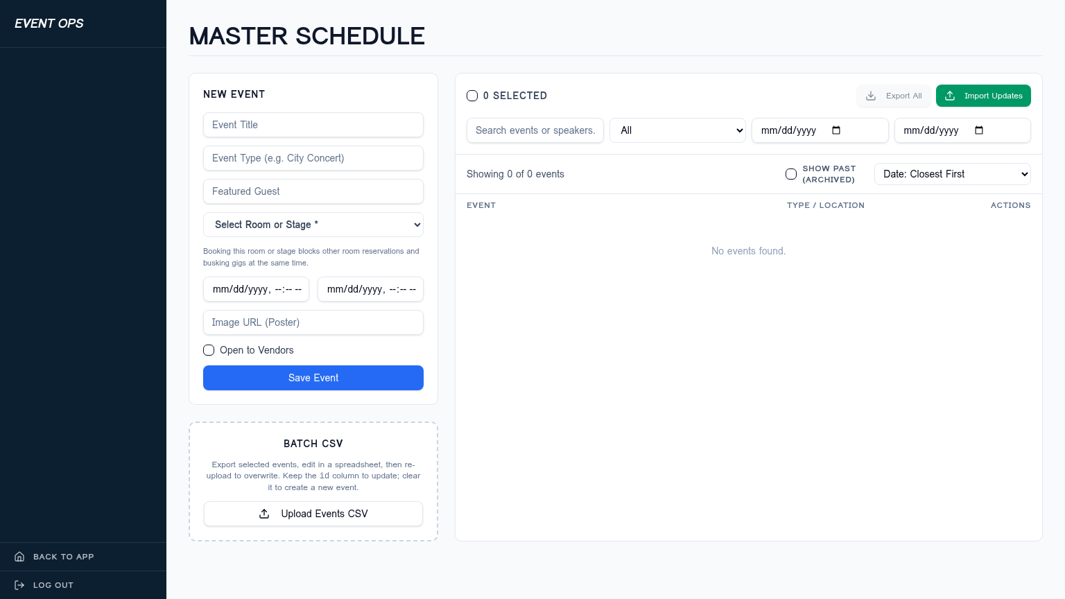 Staff Master Schedule with the Event Ops sidebar